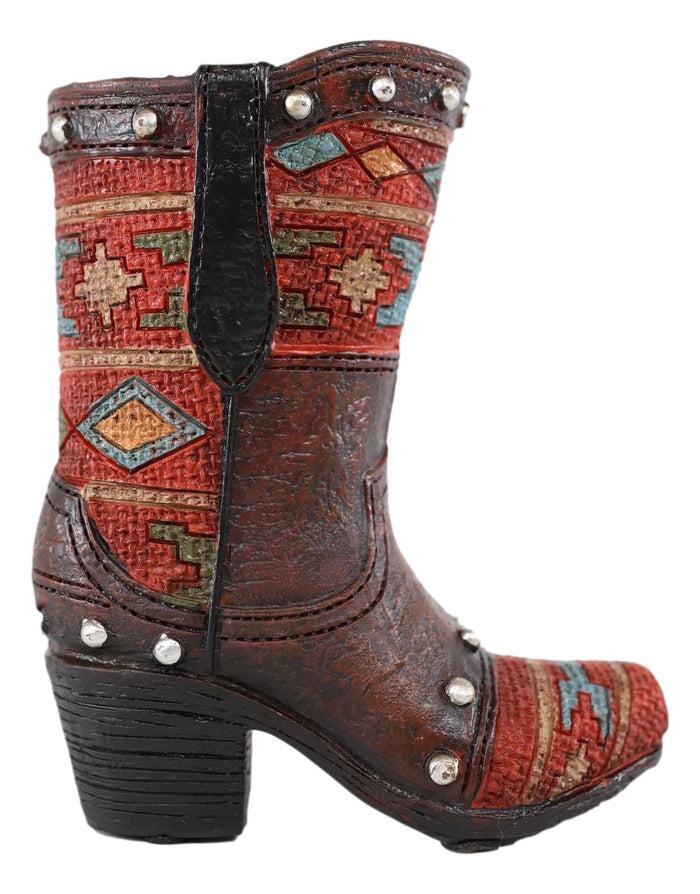 Ebros Gift Rustic Western Cowboy Aztec Geometry Patterns Red Brown Boot Pen Holder Figurine