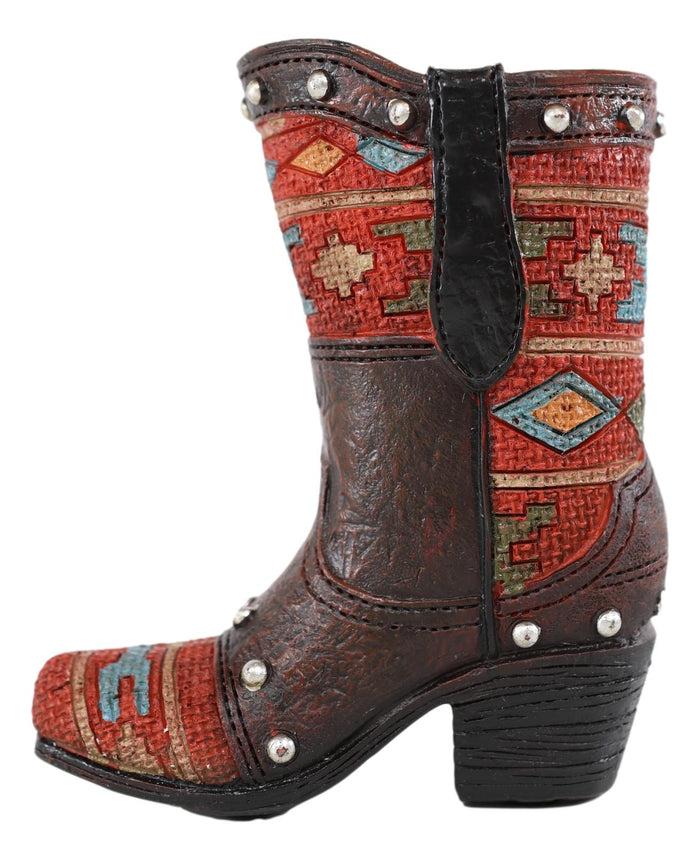 Ebros Gift Rustic Western Cowboy Aztec Geometry Patterns Red Brown Boot Pen Holder Figurine