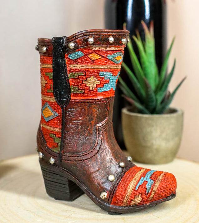 ebros gift Rustic Western Cowboy Aztec Geometry Patterns Red Brown Boot Pen Holder Figurine