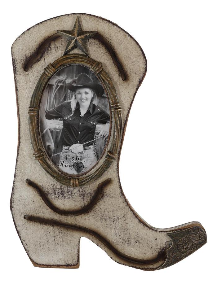 Ebros Gift Rustic Western Cowboy Boot Barbed Wire And Lone Star 6"X4" Wooden Picture Frame