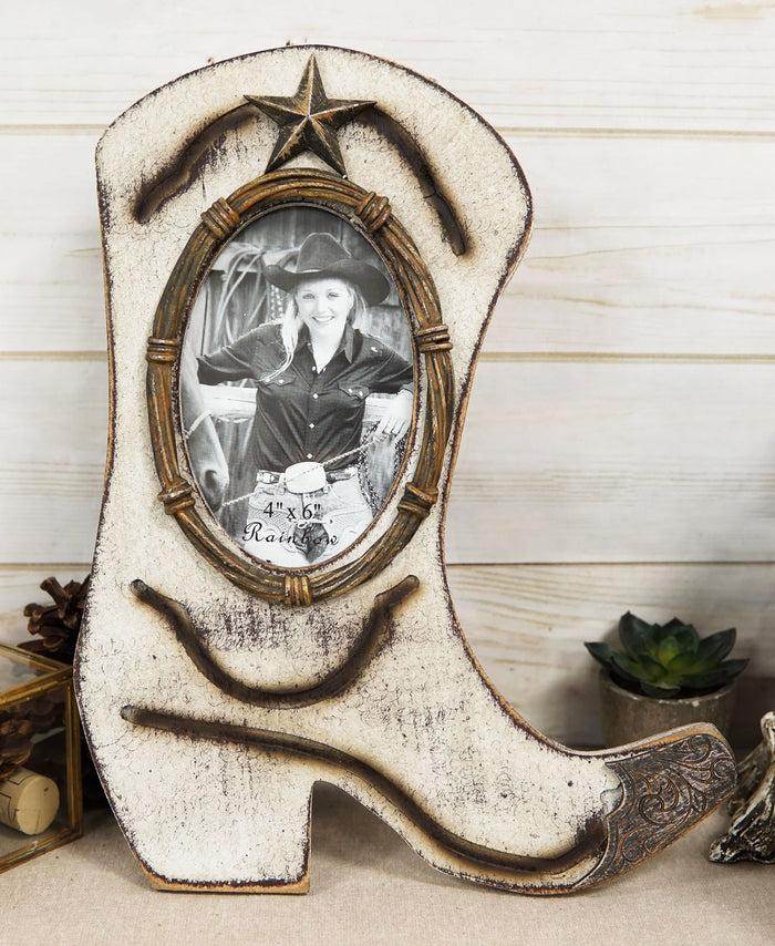 ebros gift Rustic Western Cowboy Boot Barbed Wire And Lone Star 6"X4" Wooden Picture Frame