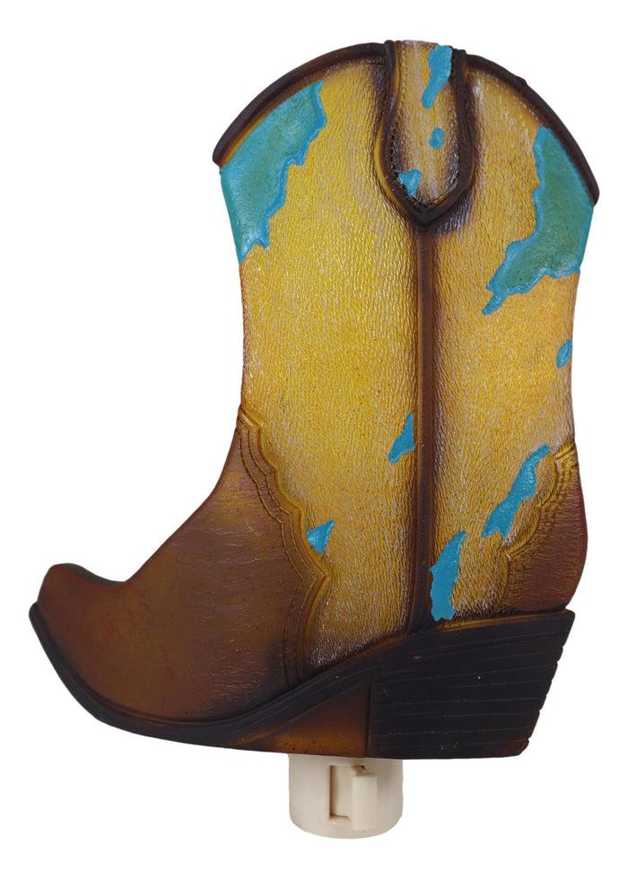 Ebros Gift Rustic Western Cowboy Boot Turquoise Cowskin Design Wall Plug In LED Night Light