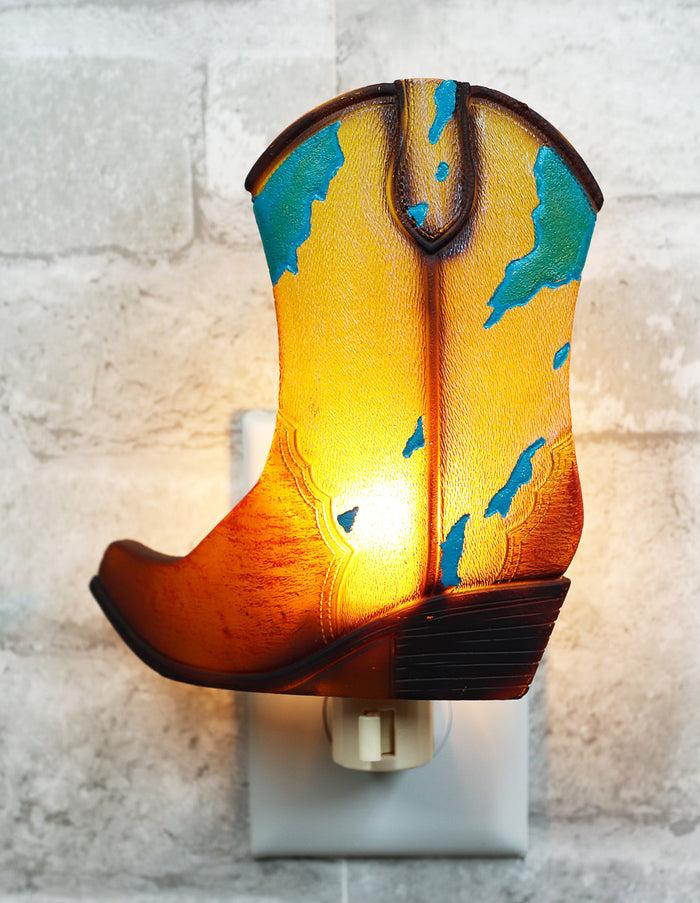 ebros gift Rustic Western Cowboy Boot Turquoise Cowskin Design Wall Plug In LED Night Light