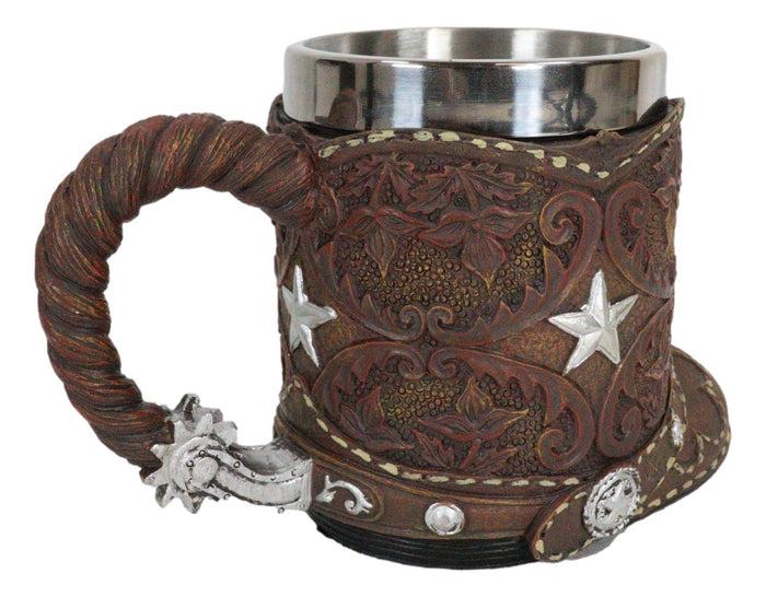 Ebros Gift Rustic Western Cowboy Boot W/ Lone Star And Spur Faux Tooled Leather Coffee Mug