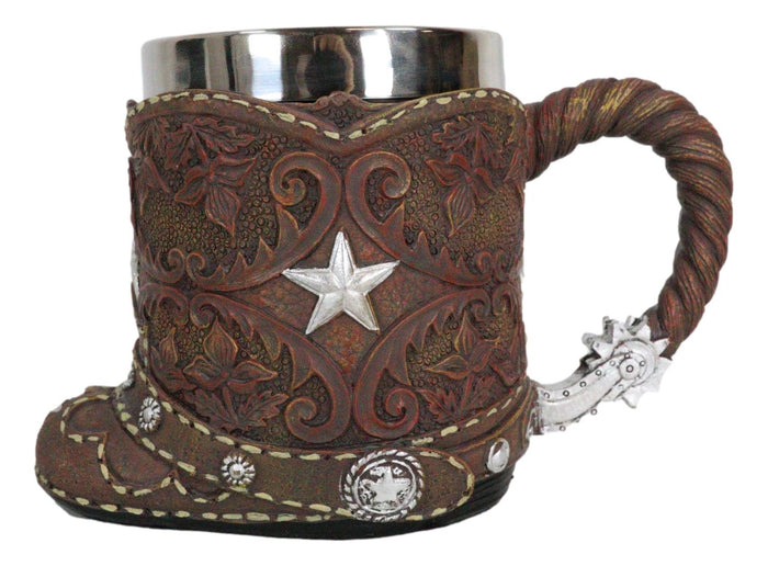 Ebros Gift Rustic Western Cowboy Boot W/ Lone Star And Spur Faux Tooled Leather Coffee Mug