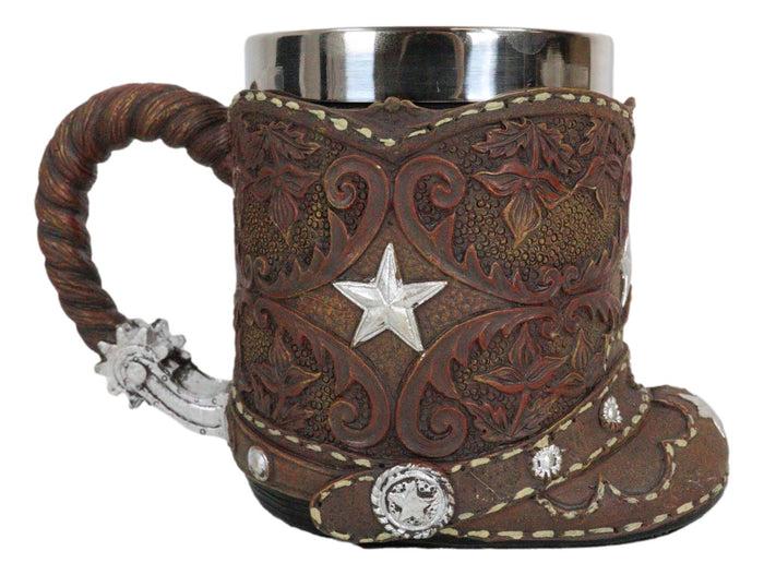 Ebros Gift Rustic Western Cowboy Boot W/ Lone Star And Spur Faux Tooled Leather Coffee Mug