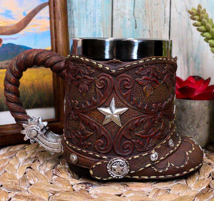 ebros gift Rustic Western Cowboy Boot W/ Lone Star And Spur Faux Tooled Leather Coffee Mug