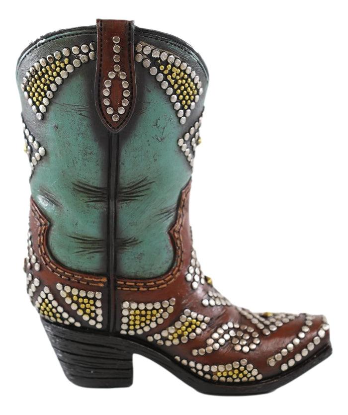 Ebros Gift Rustic Western Cowboy Cowgirl Silver Beads Turquoise Boot Flower Vase Decor 7"H