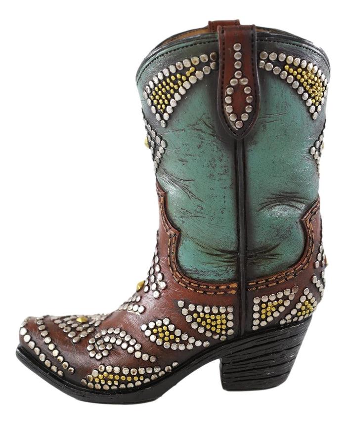 Ebros Gift Rustic Western Cowboy Cowgirl Silver Beads Turquoise Boot Flower Vase Decor 7"H