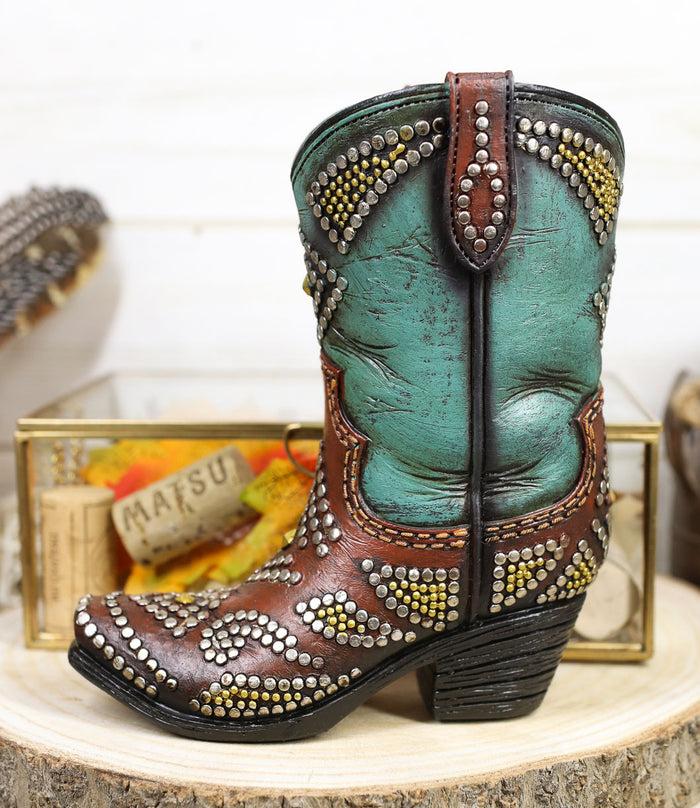 ebros gift Rustic Western Cowboy Cowgirl Silver Beads Turquoise Boot Flower Vase Decor 7"H