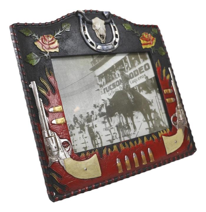 Ebros Gift Rustic Western Cowboy Dual Gun Revolvers Horseshoe Cow Skull Photo Frame 5"X7"
