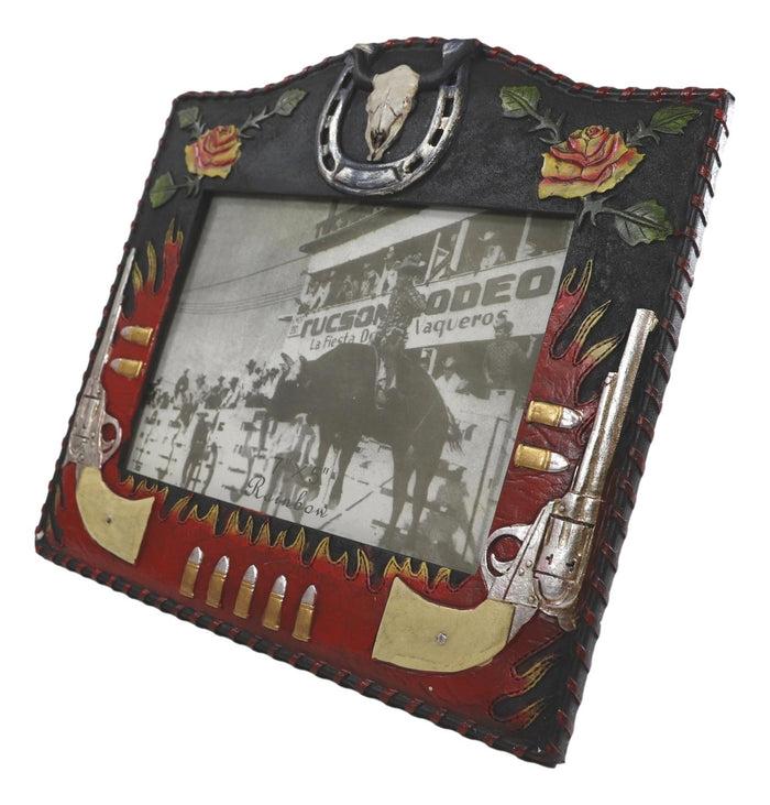 Ebros Gift Rustic Western Cowboy Dual Gun Revolvers Horseshoe Cow Skull Photo Frame 5"X7"