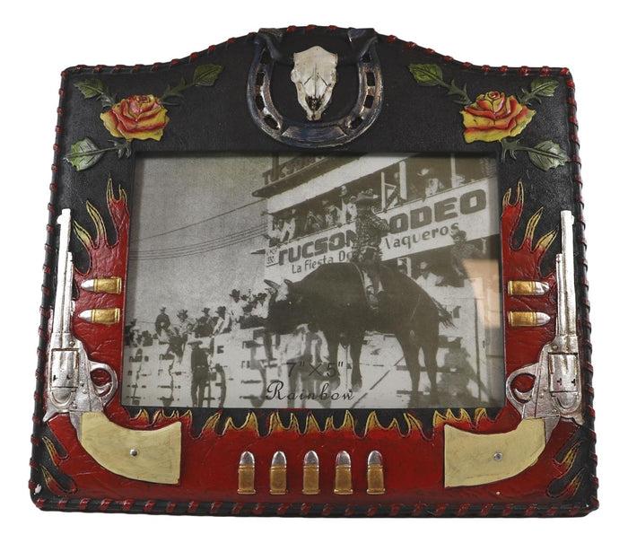 Ebros Gift Rustic Western Cowboy Dual Gun Revolvers Horseshoe Cow Skull Photo Frame 5"X7"