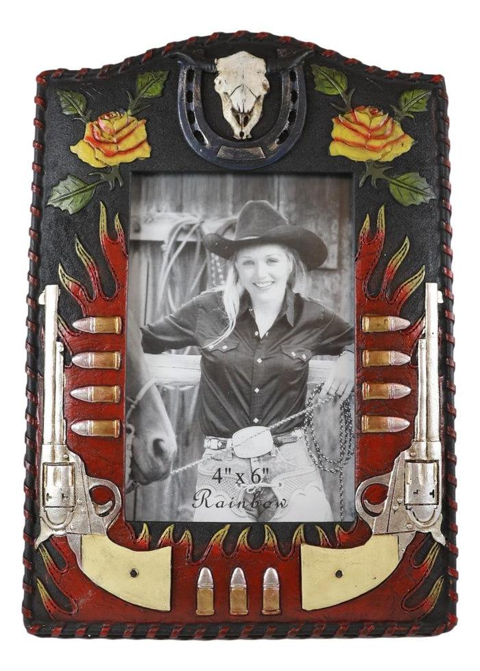 Ebros Gift Rustic Western Cowboy Dual Gun Revolvers Horseshoe Cow Skull Photo Frame 4"X6"