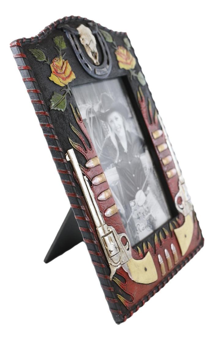 Ebros Gift Rustic Western Cowboy Dual Gun Revolvers Horseshoe Cow Skull Photo Frame 4"X6"