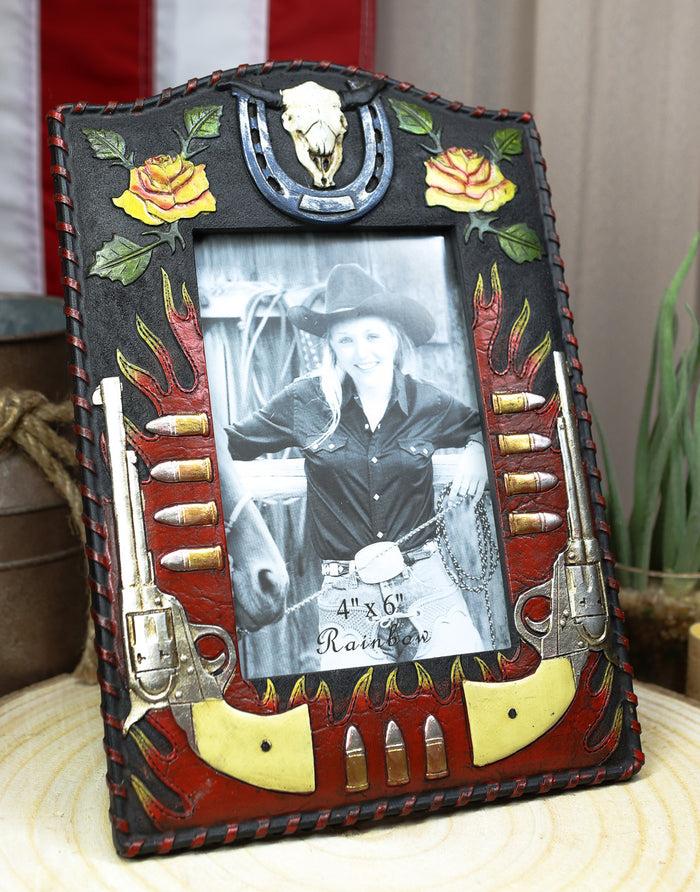 ebros gift Rustic Western Cowboy Dual Gun Revolvers Horseshoe Cow Skull Photo Frame 4"X6"