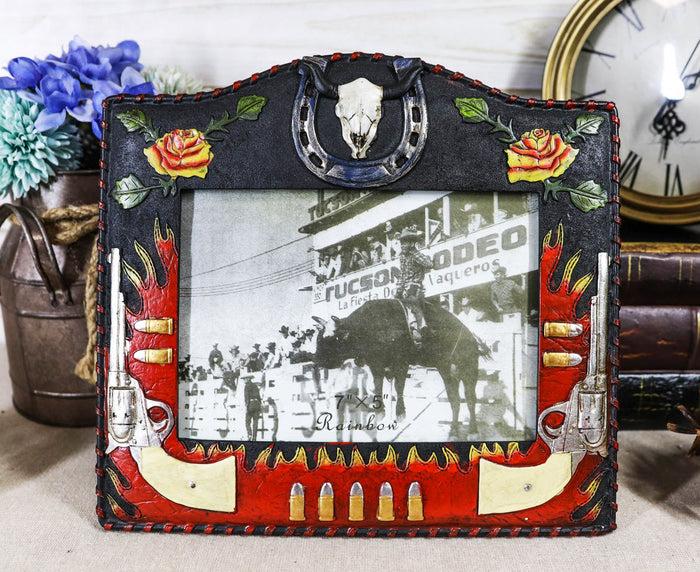 ebros gift Rustic Western Cowboy Dual Gun Revolvers Horseshoe Cow Skull Photo Frame 5"X7"