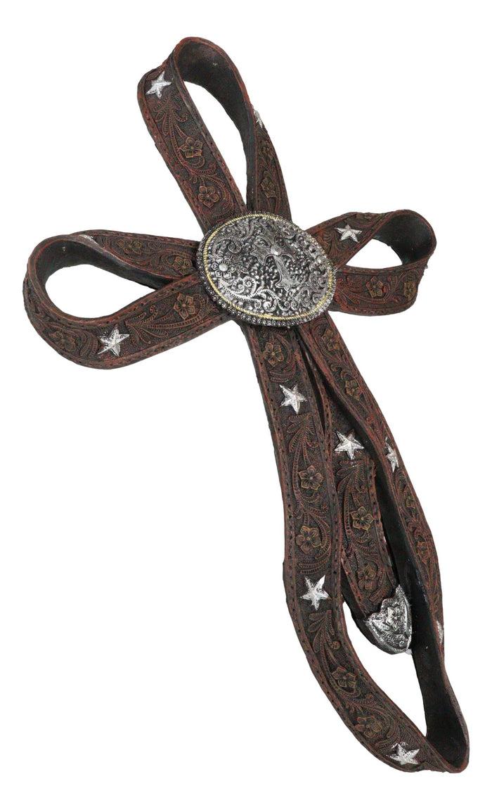 Ebros Gift Rustic Western Cowboy Faux Tooled Leather Ribbon Belt Buckle Concho Wall Cross