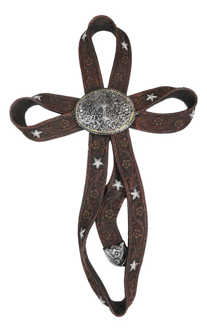 Ebros Gift Rustic Western Cowboy Faux Tooled Leather Ribbon Belt Buckle Concho Wall Cross