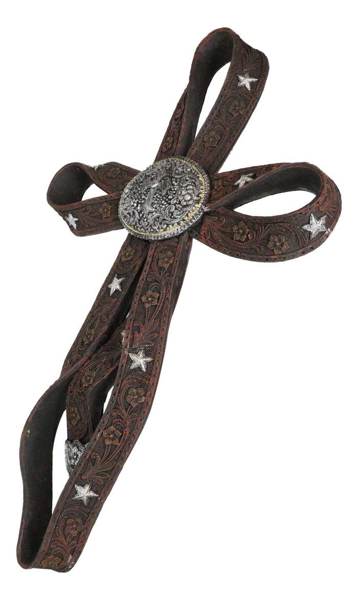 Ebros Gift Rustic Western Cowboy Faux Tooled Leather Ribbon Belt Buckle Concho Wall Cross