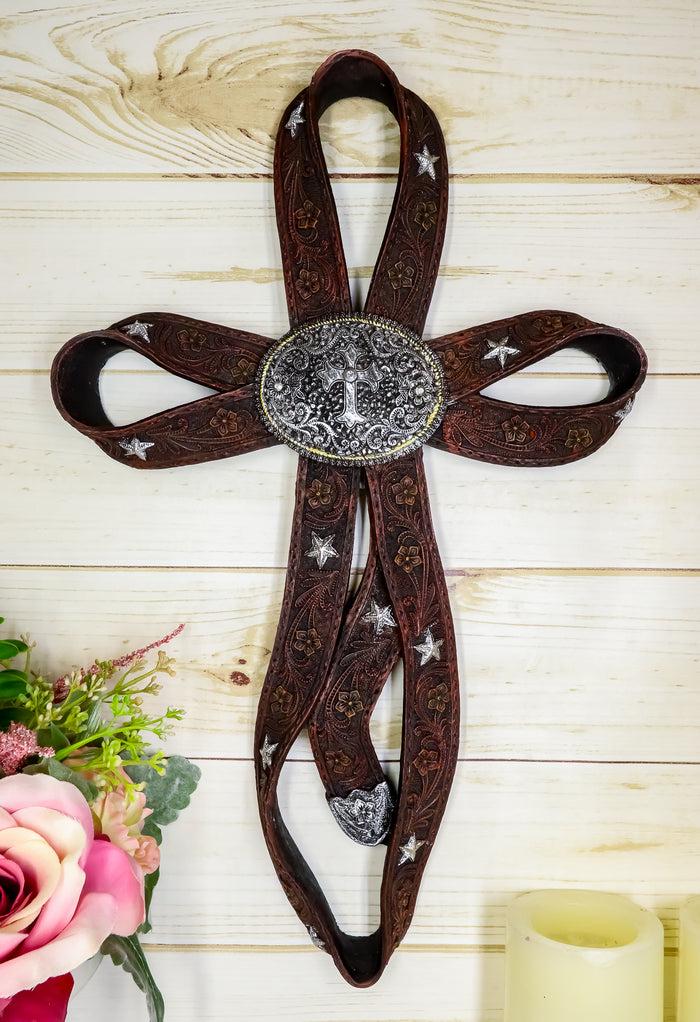 ebros gift Rustic Western Cowboy Faux Tooled Leather Ribbon Belt Buckle Concho Wall Cross