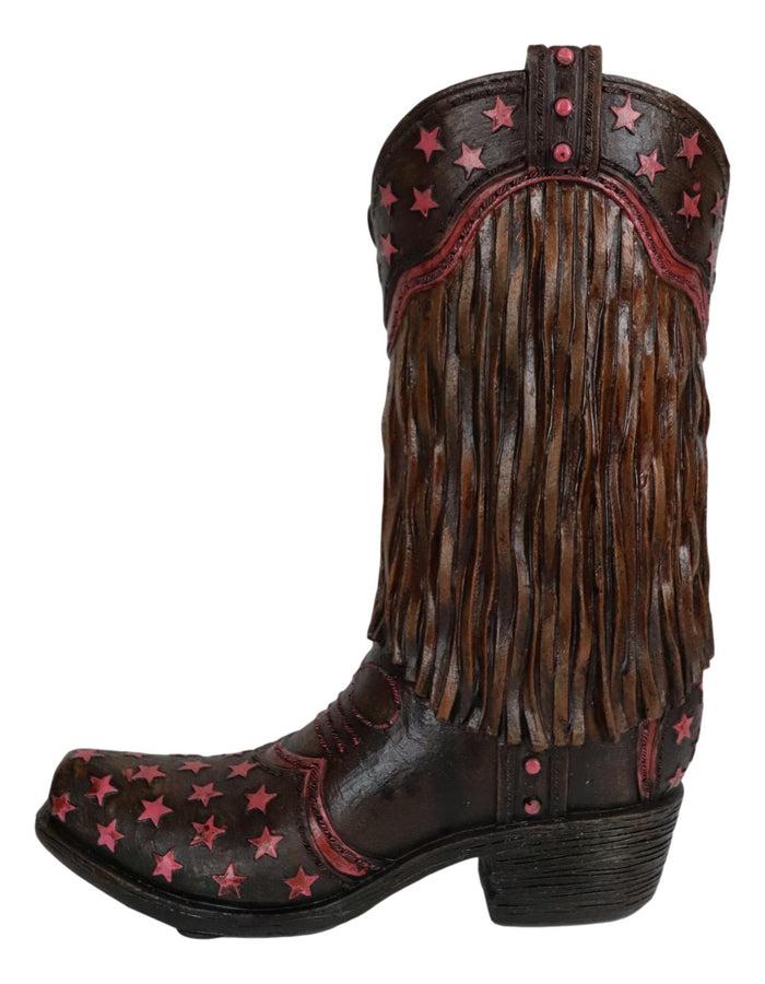 Ebros Gift Rustic Western Cowboy Frill Fringe With Pink Stars Faux Leather Boot Vase Decor