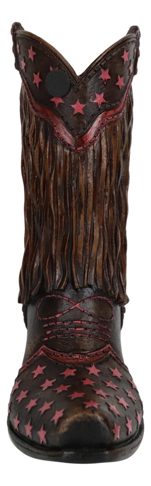 Ebros Gift Rustic Western Cowboy Frill Fringe With Pink Stars Faux Leather Boot Vase Decor