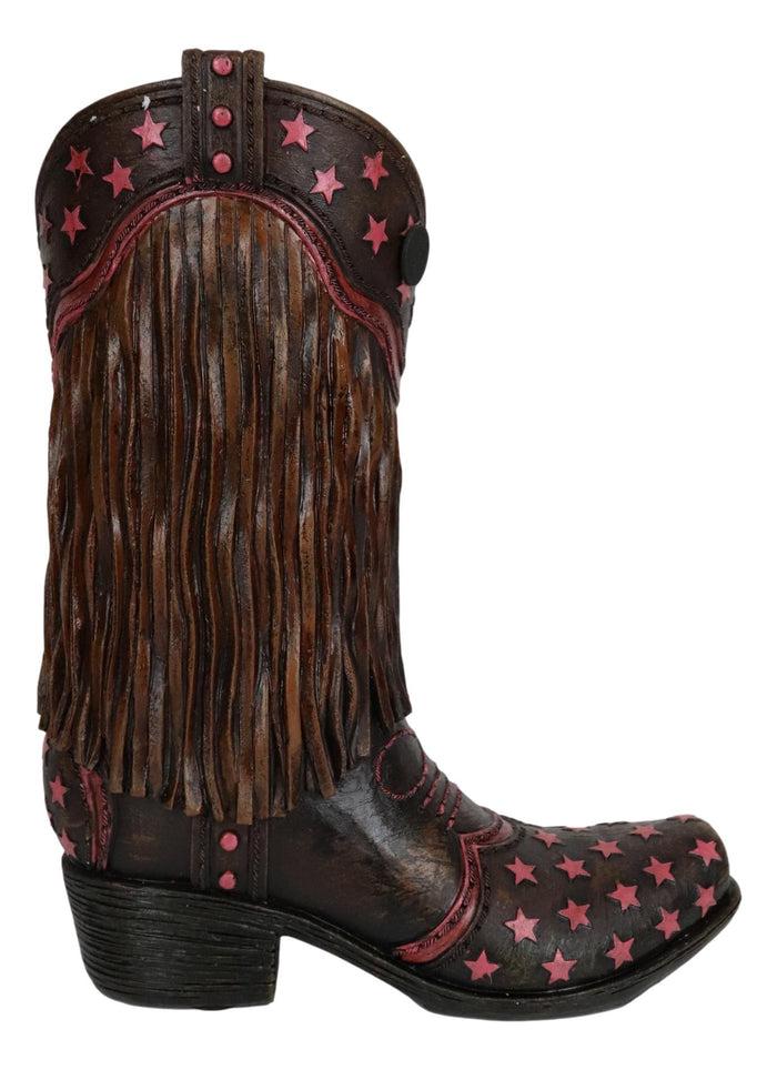Ebros Gift Rustic Western Cowboy Frill Fringe With Pink Stars Faux Leather Boot Vase Decor