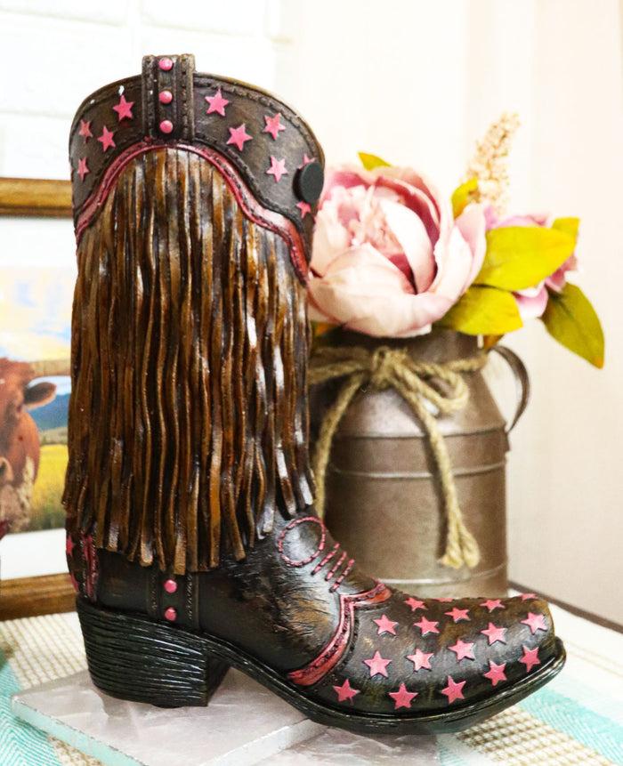 ebros gift Rustic Western Cowboy Frill Fringe With Pink Stars Faux Leather Boot Vase Decor