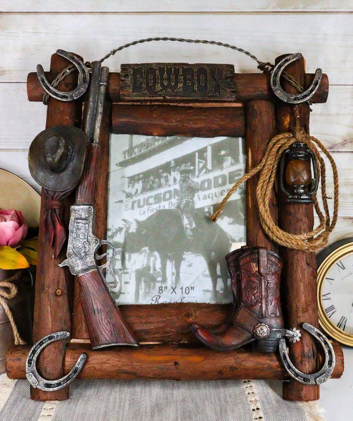 ebros gift Rustic Western Cowboy Hat Rifle Boot Spur Horseshoes Lasso Ropes Picture Frame