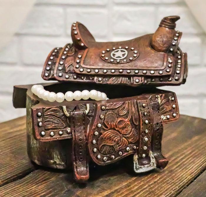 ebros gift Rustic Western Cowboy Horse Saddle Lone Star Silver Studs Decorative Trinket Box