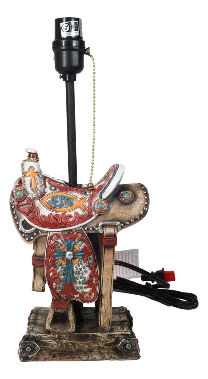 Ebros Gift Rustic Western Cowboy Horse Saddle With Ichthys Jesus Fish Symbol Table Lamp