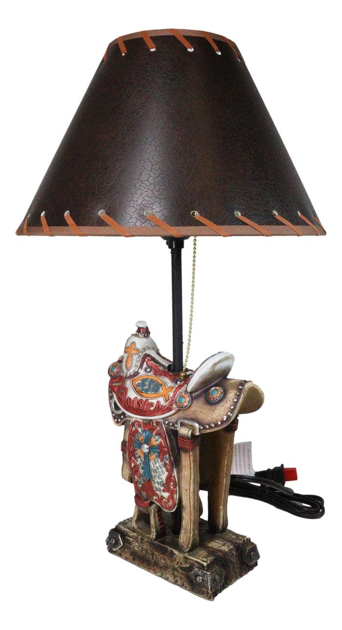 Ebros Gift Rustic Western Cowboy Horse Saddle With Ichthys Jesus Fish Symbol Table Lamp