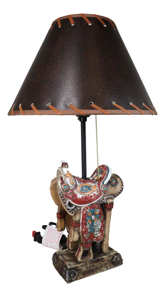 Ebros Gift Rustic Western Cowboy Horse Saddle With Ichthys Jesus Fish Symbol Table Lamp