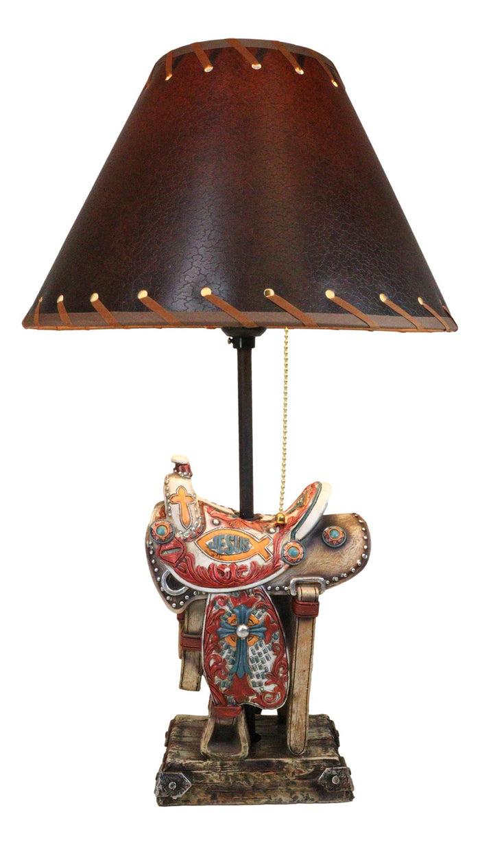 ebros gift Rustic Western Cowboy Horse Saddle with Ichthys Jesus Fish Symbol Table Lamp