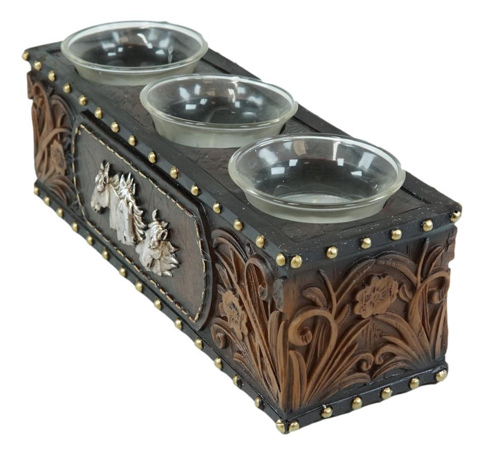 Ebros Gift Rustic Western Cowboy Horses Floral Faux Tooled Leather 3 Votives Candle Holder