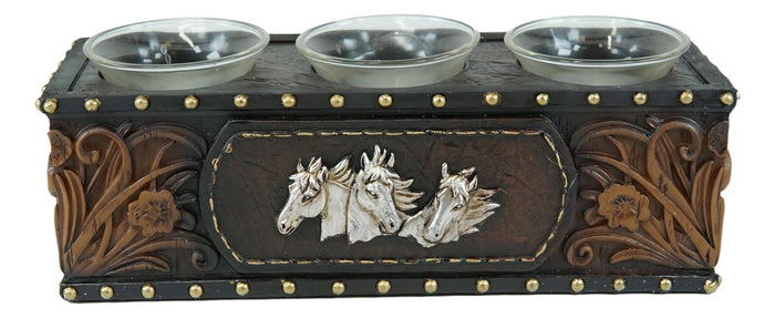 Ebros Gift Rustic Western Cowboy Horses Floral Faux Tooled Leather 3 Votives Candle Holder