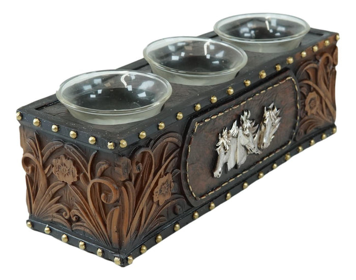 Ebros Gift Rustic Western Cowboy Horses Floral Faux Tooled Leather 3 Votives Candle Holder