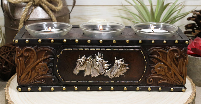ebros gift Rustic Western Cowboy Horses Floral Faux Tooled Leather 3 Votives Candle Holder