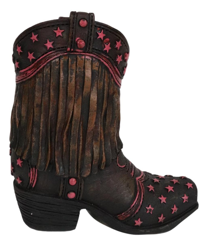 Ebros Gift Rustic Western Cowboy Pink Stars Fringe Brown Faux Leather Boot Pen Holder Decor