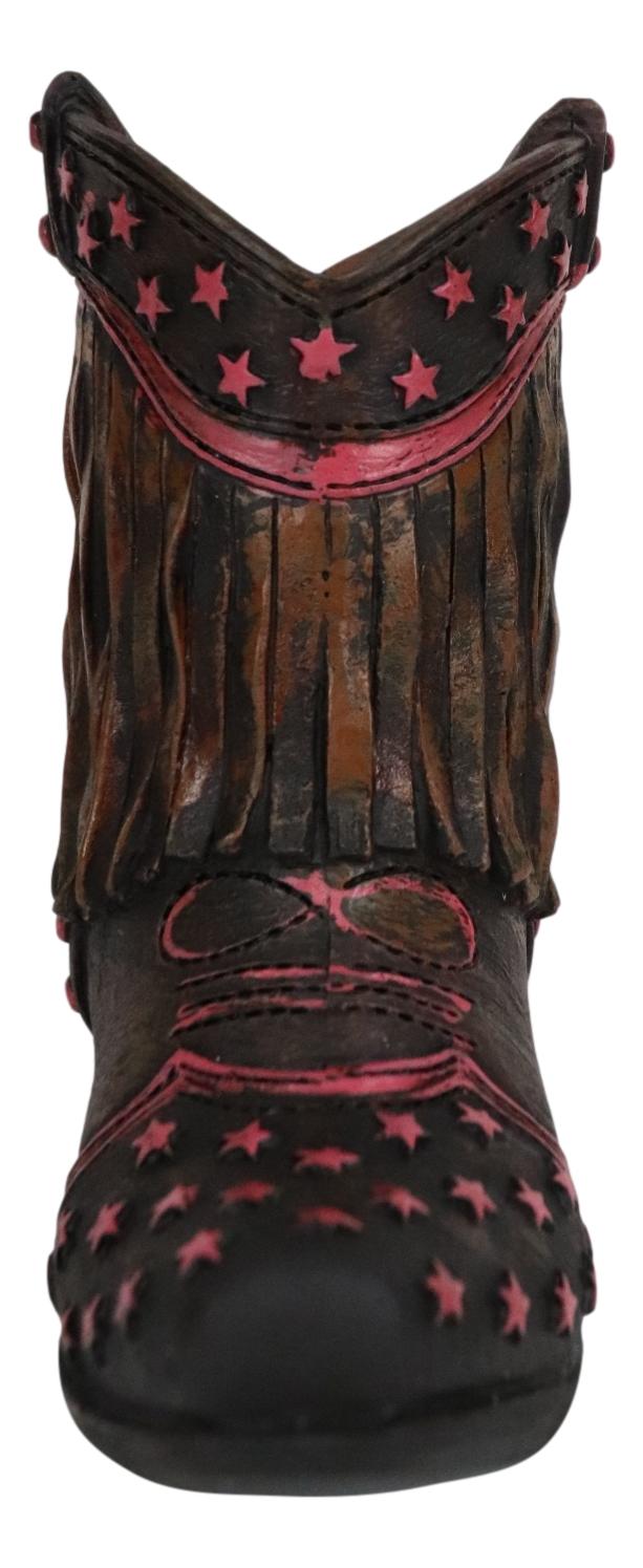 Ebros Gift Rustic Western Cowboy Pink Stars Fringe Brown Faux Leather Boot Pen Holder Decor