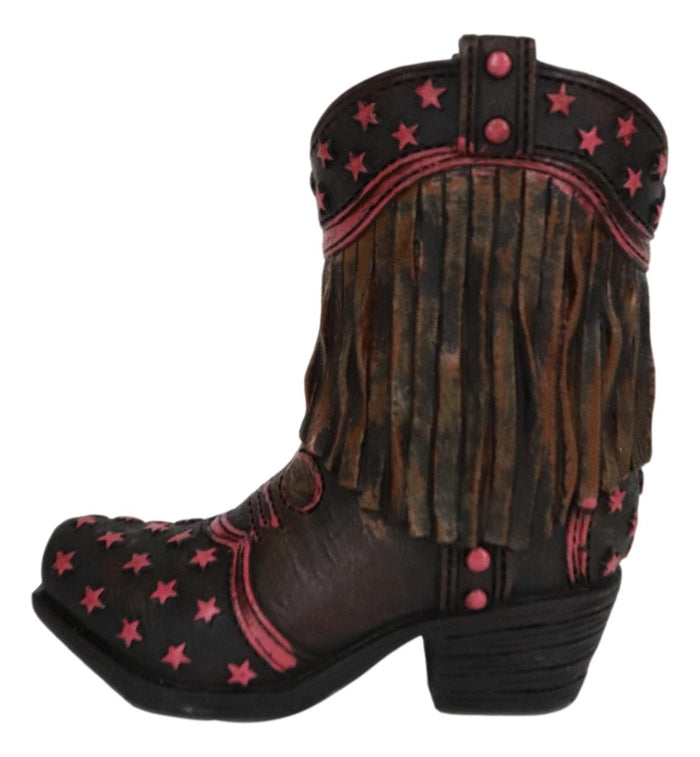 Ebros Gift Rustic Western Cowboy Pink Stars Fringe Brown Faux Leather Boot Pen Holder Decor