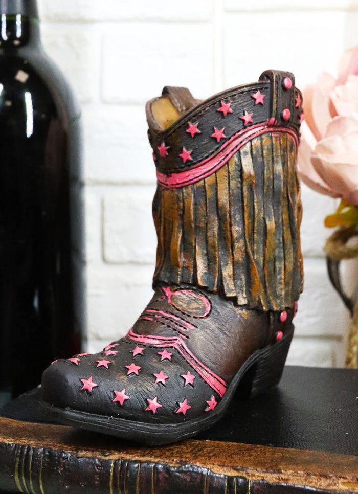 ebros gift Rustic Western Cowboy Pink Stars Fringe Brown Faux Leather Boot Pen Holder Decor