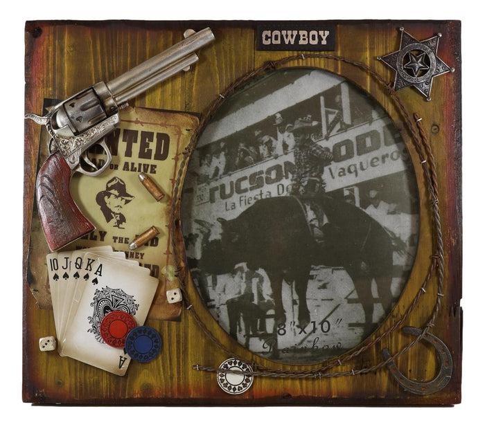 Ebros Gift Rustic Western Cowboy Pistol Horseshoe Poker Cards Wooden 8"X10" Picture Frame