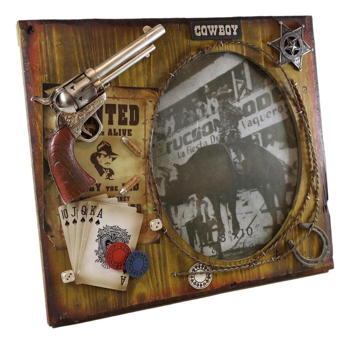 Ebros Gift Rustic Western Cowboy Pistol Horseshoe Poker Cards Wooden 8"X10" Picture Frame