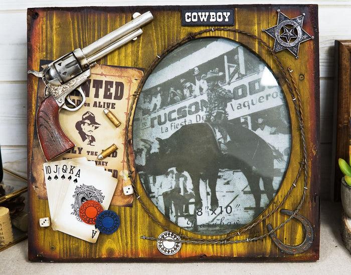 ebros gift Rustic Western Cowboy Pistol Horseshoe Poker Cards Wooden 8"X10" Picture Frame