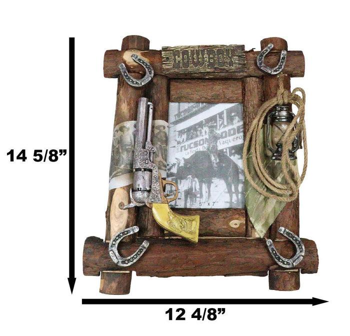 Ebros Gift Rustic Western Cowboy Pistol Lantern Horseshoes Ropes Faux Wood Photo Frame 5X7