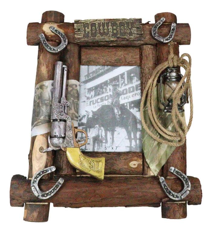 Ebros Gift Rustic Western Cowboy Pistol Lantern Horseshoes Ropes Faux Wood Photo Frame 5X7
