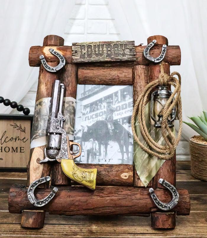 ebros gift Rustic Western Cowboy Pistol Lantern Horseshoes Ropes Faux Wood Photo Frame 5X7