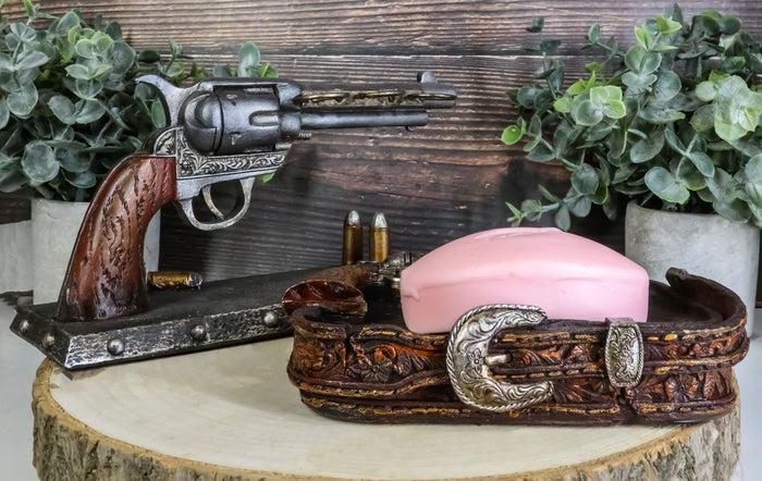 ebros gift Rustic Western Cowboy Revolver Guns Belt Buckle Soap Dish And Toothbrush Holder